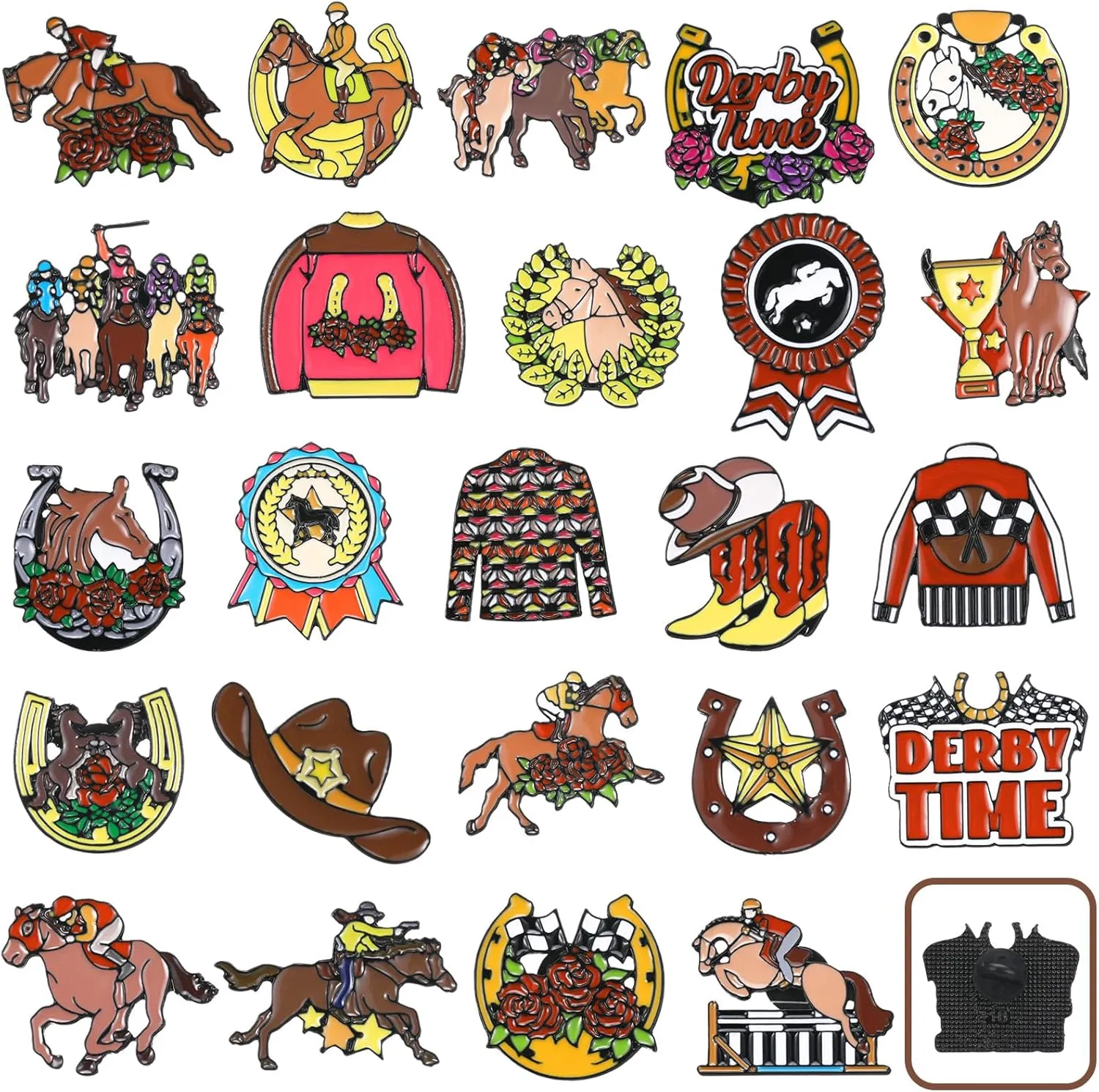 Kosiz 24 Pcs Derby Day Enamel Pins Horse Racing Lapel Brooch Pins Rose Horseshoe Lapel Badge Western Derby Party Charm for Horse Race Lover Gifts Backpacks Cloths Hats Jewelry Set