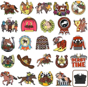 Kosiz 24 Pcs Derby Day Enamel Pins Horse Racing Lapel Brooch Pins Rose Horseshoe Lapel Badge Western Derby Party Charm for Horse Race Lover Gifts Backpacks Cloths Hats Jewelry Set