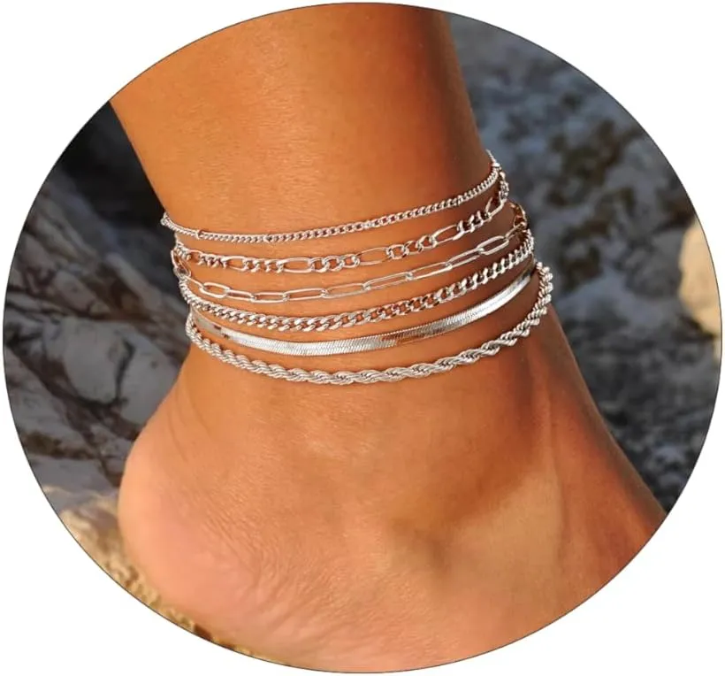 Kyerlyn Layered Anklets for Women, 14K Gold Plated Ankle Bracelets Silver Anklet Set Waterproof CZ Heart Butterfly Anklet Cuba Link Anklets Stack Women Summer Beach Dainty Jewelry Gift