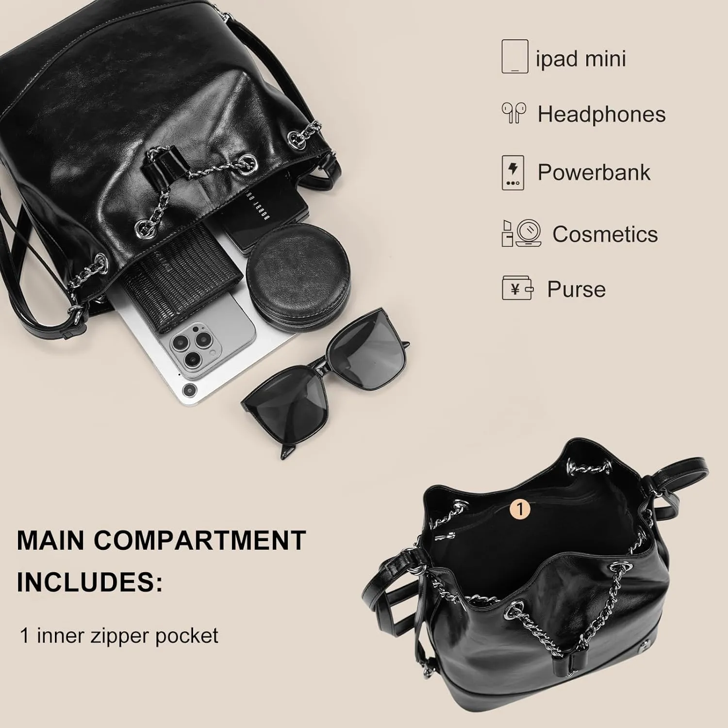 LA FESTIN Leather Purses for Women Cute Backpack Lightweight Shoulder Small Trendy Bucket Handbags with Strap Silver Chain (Black)