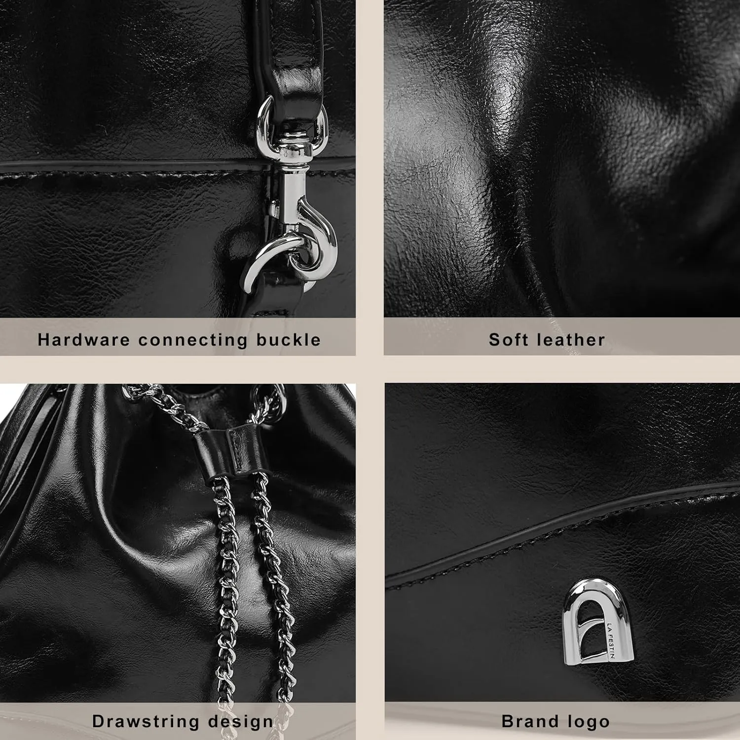 LA FESTIN Leather Purses for Women Cute Backpack Lightweight Shoulder Small Trendy Bucket Handbags with Strap Silver Chain (Black)