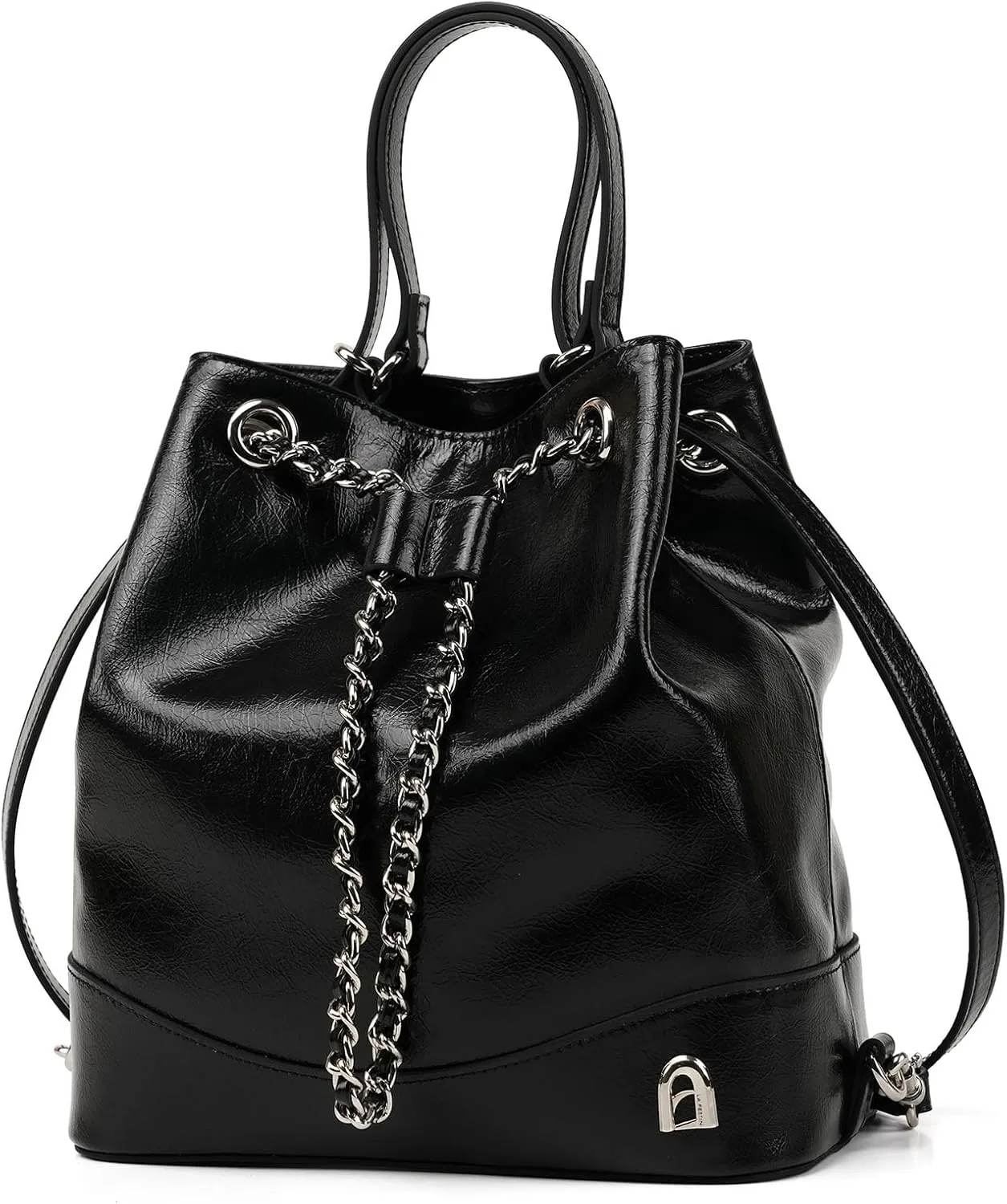 LA FESTIN Leather Purses for Women Cute Backpack Lightweight Shoulder Small Trendy Bucket Handbags with Strap Silver Chain (Black)