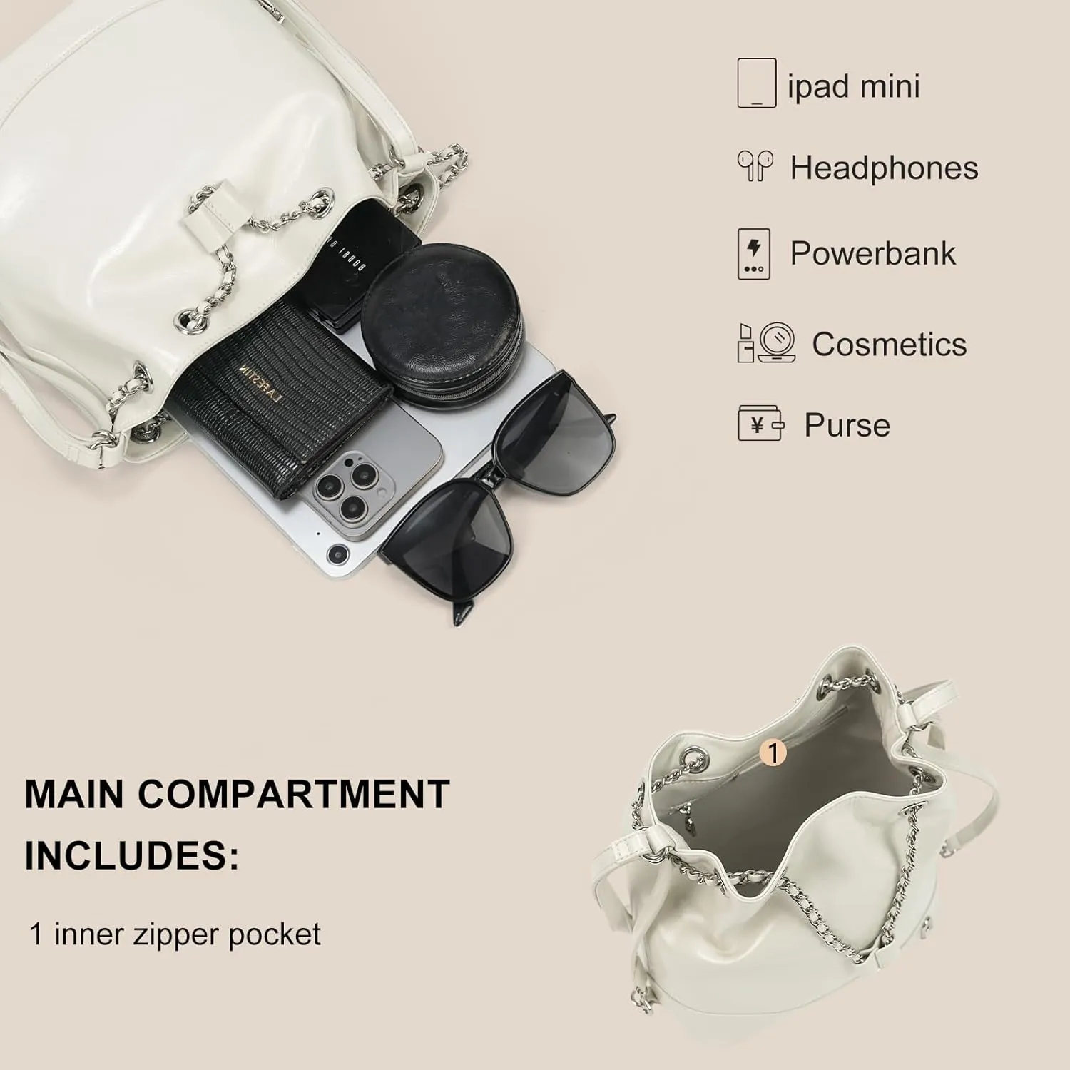 LA FESTIN Leather Purses for Women Cute Backpack Lightweight Shoulder Small Trendy Bucket Handbags with Strap Silver Chain (White)