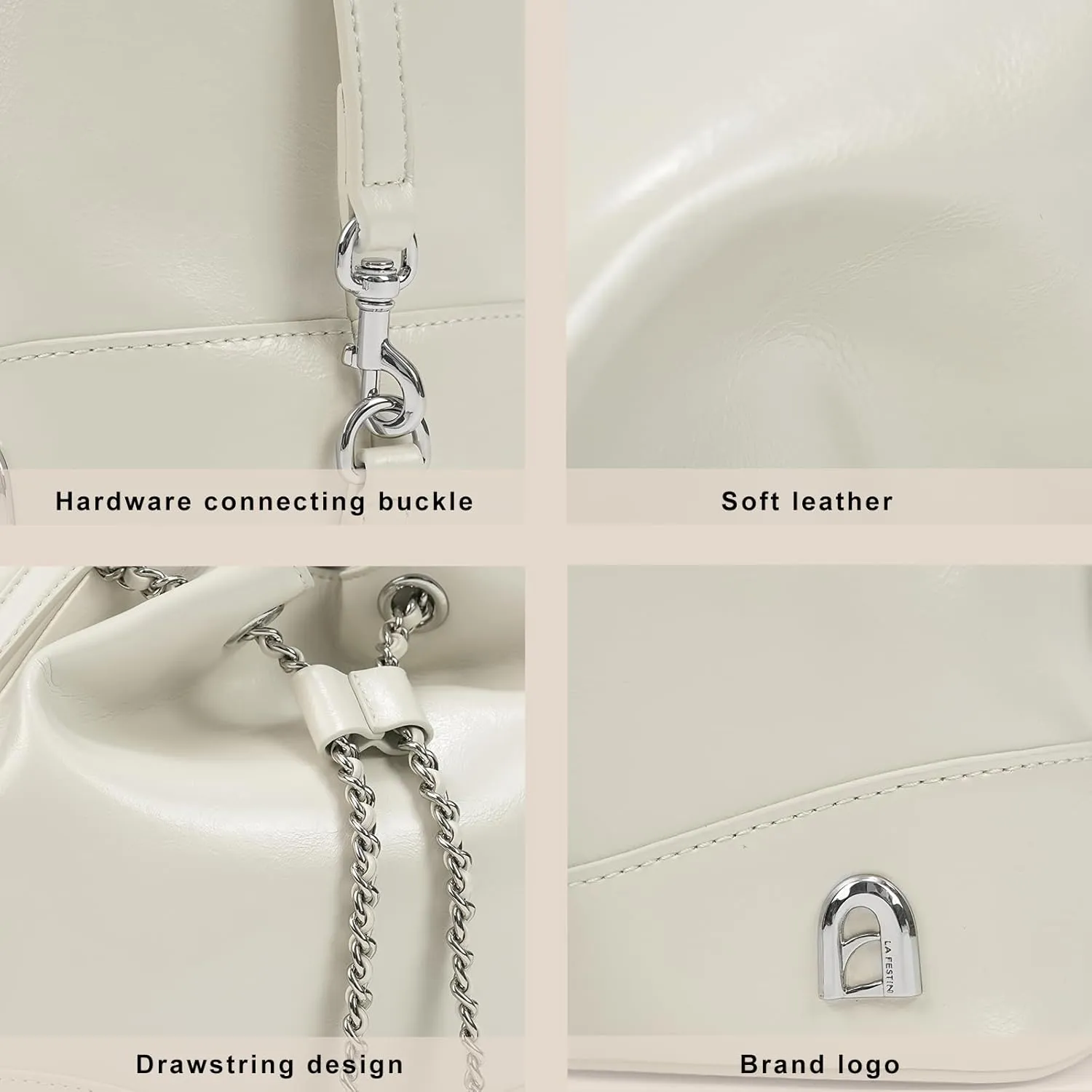 LA FESTIN Leather Purses for Women Cute Backpack Lightweight Shoulder Small Trendy Bucket Handbags with Strap Silver Chain (White)