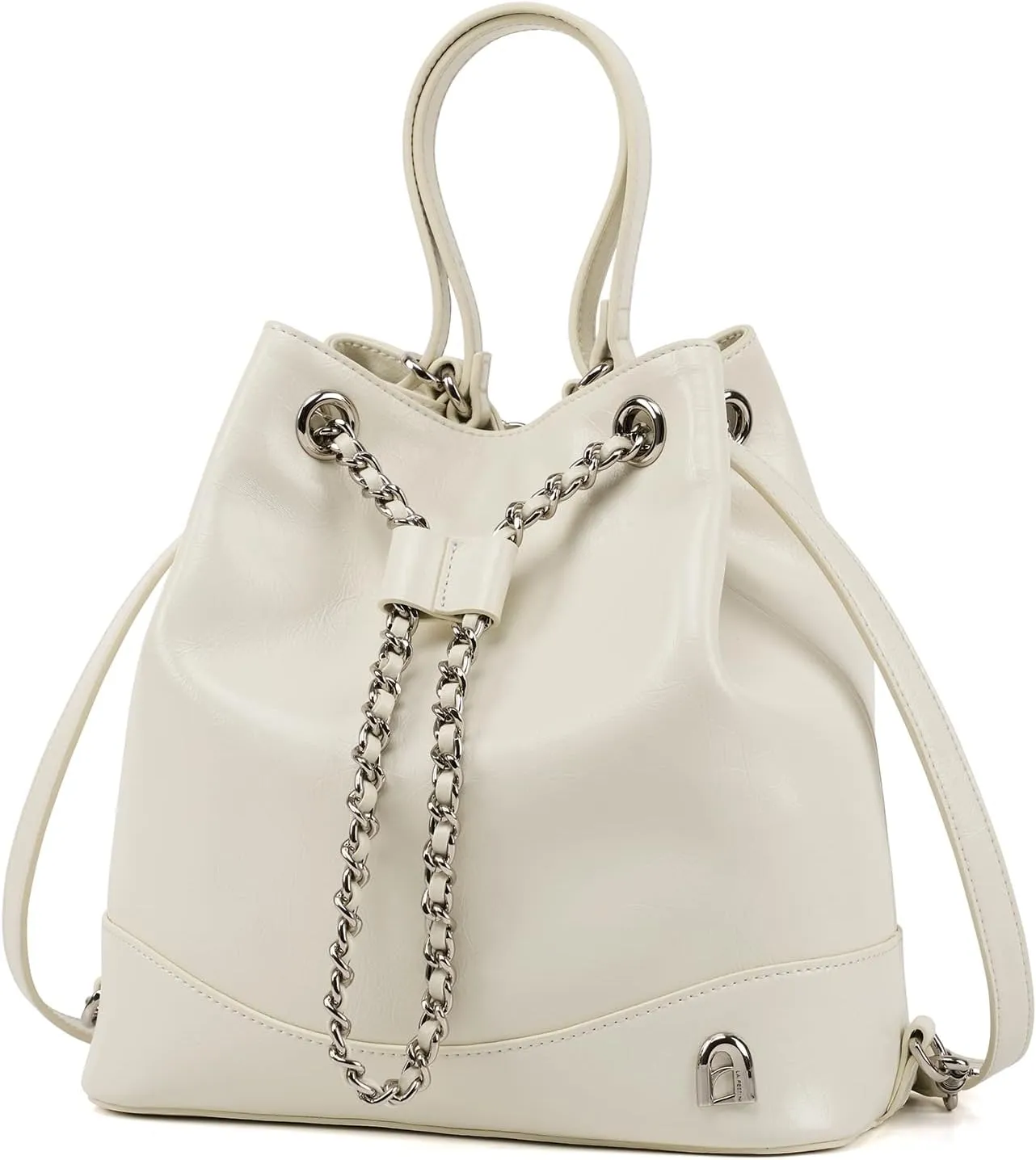 LA FESTIN Leather Purses for Women Cute Backpack Lightweight Shoulder Small Trendy Bucket Handbags with Strap Silver Chain (White)