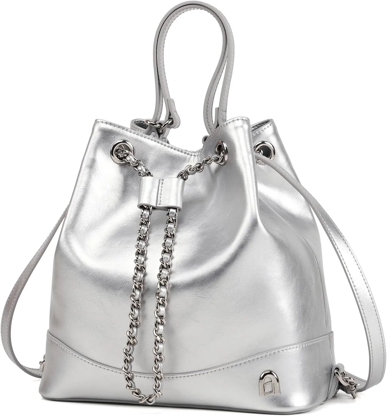 LA FESTIN Leather Purses for Women Cute Backpack Lightweight Shoulder Small Trendy Bucket Handbags with Strap Silver Chain(Silver)