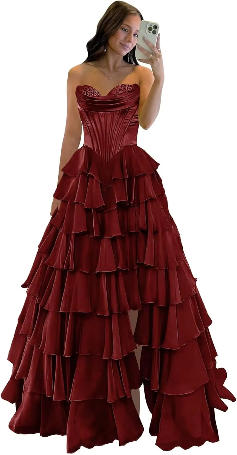 Lace Princess Tiered Prom Dress 2025 Long Ball Gown for Women Sweetheart Chiffon Formal Dresses with Slit
