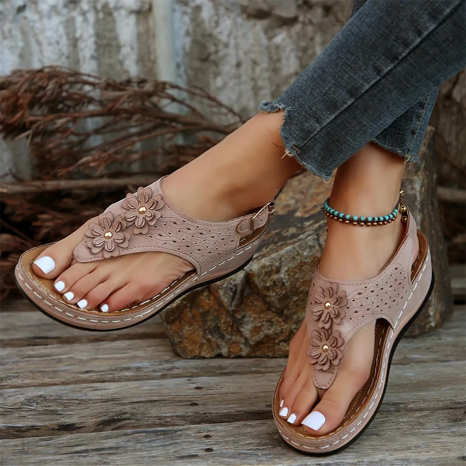 Ladmiple Sandals Women Dressy Summer Flat Flip Flops Orthotic Sandals Arch Support Comfortable Walking Orthopedic Slides
