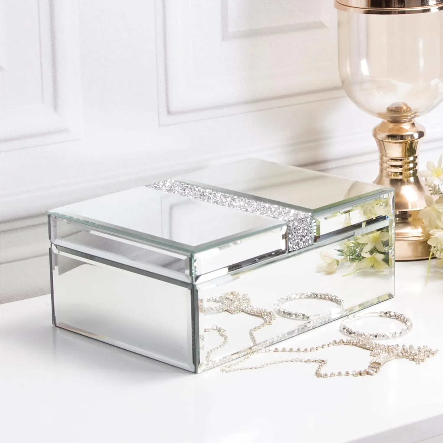 Large Diamante Glass Jewelry Box Jewelry Organizer Storage Decorative Box Organizer for Women Girls Luxurious Gift