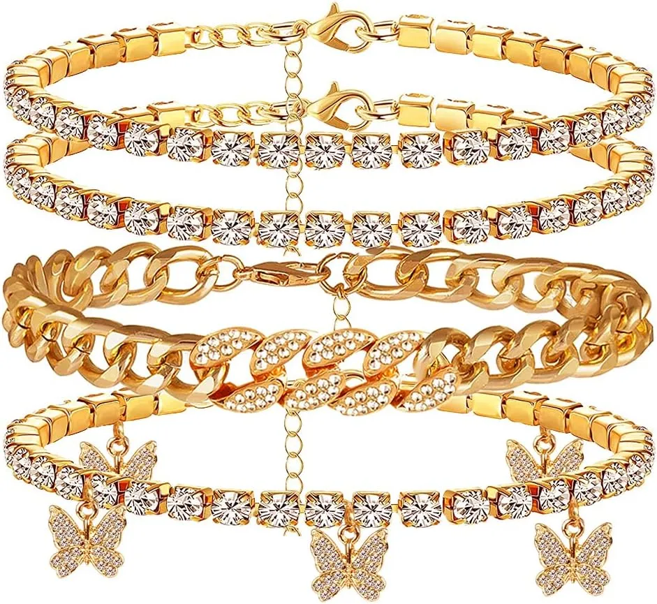Layered Butterfly Anklet For Women Charms Butterfly Gold Silver Rhinestone Cuban Anklets Adjustable Anklet For Summer Beach