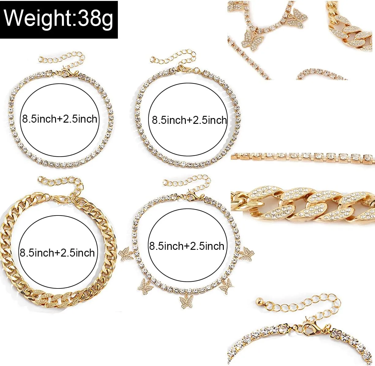 Layered Butterfly Anklet For Women Charms Butterfly Gold Silver Rhinestone Cuban Anklets Adjustable Anklet For Summer Beach