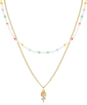 Layered Colorful Lollipop Pendant Necklace for Women Fun Rainbow Beaded Crystal Glass Beads Choker Necklace Lovely Dainty Lollipop Candy Charm Gold Chain Necklace Sweet Sugar Party Jewelry for Teen