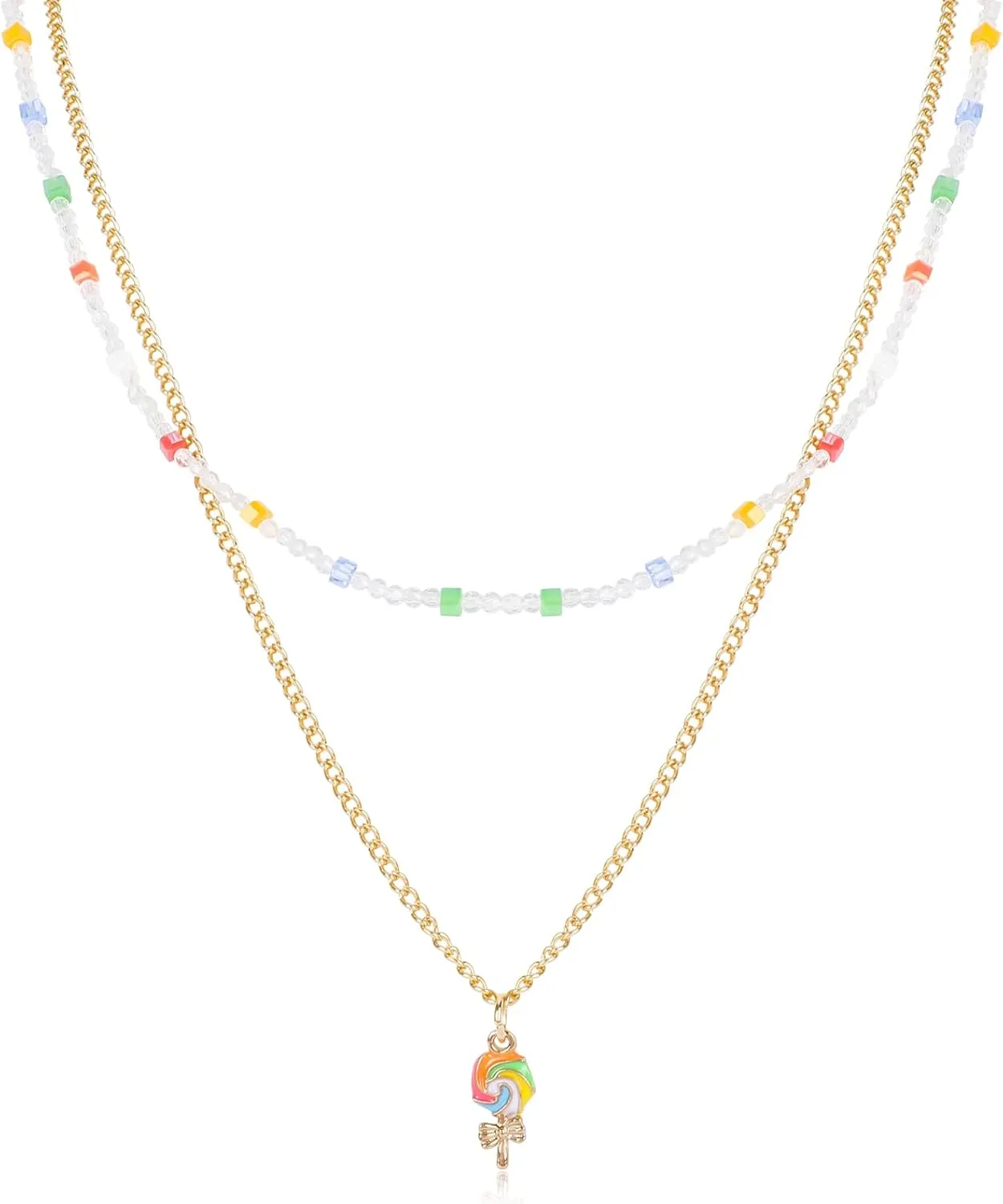 Layered Colorful Lollipop Pendant Necklace for Women Fun Rainbow Beaded Crystal Glass Beads Choker Necklace Lovely Dainty Lollipop Candy Charm Gold Chain Necklace Sweet Sugar Party Jewelry for Teen