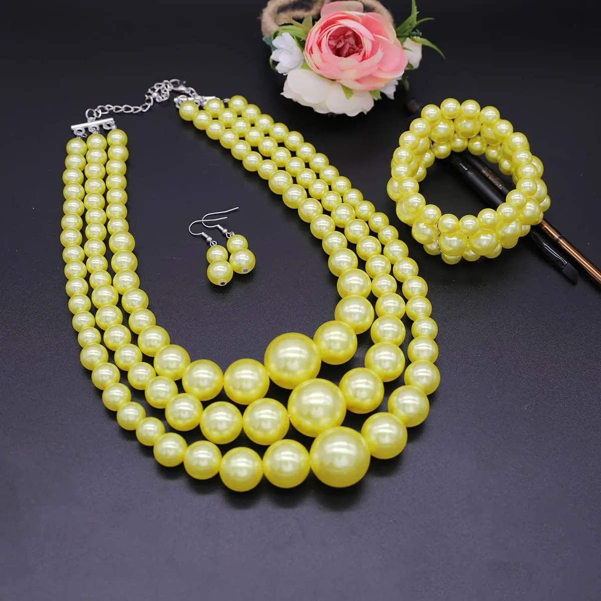 Layered Faux Pearl Necklace Set for Women Matching Earrings and Braclet with a Touch of Glamour Luxurious Shine Affordable Price-Perfect for any Occassion