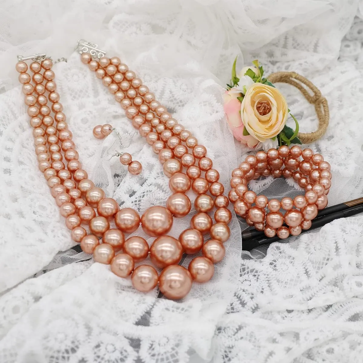 Layered Faux Pearl Necklace Set for Women Matching Earrings and Braclet with a Touch of Glamour Luxurious Shine Affordable Price-Perfect for any Occassion