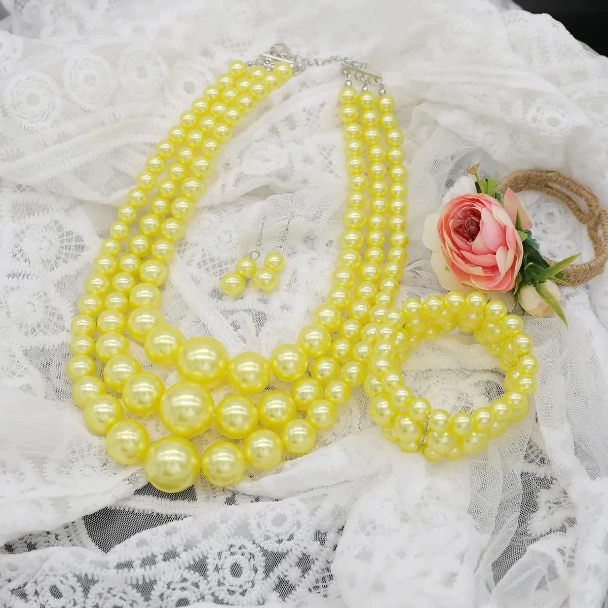 Layered Faux Pearl Necklace Set for Women Matching Earrings and Braclet with a Touch of Glamour Luxurious Shine Affordable Price-Perfect for any Occassion
