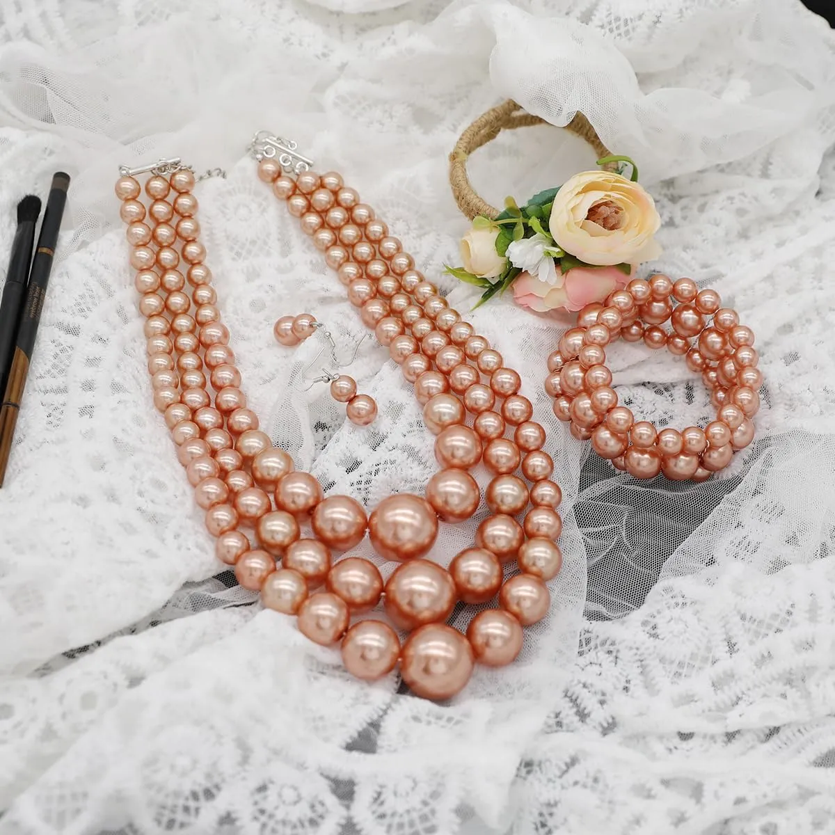 Layered Faux Pearl Necklace Set for Women Matching Earrings and Braclet with a Touch of Glamour Luxurious Shine Affordable Price-Perfect for any Occassion