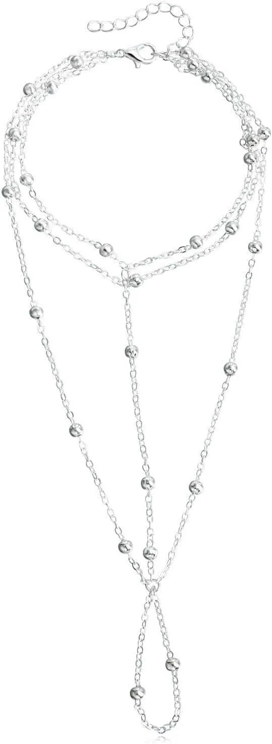 Layered Silver Chain Anklet with Beads, 2-Piece Tassel Design, Waterproof Ankle Bracelet for Women