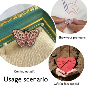 LGBTQ Pronouns Cute Butterfly Pin - She They/He Him/They Them/She Her/He They Gender Identity Bulk Pins for Pride Parade, Daily Wear, Lapel, Hat, Backpack(Free 1pc Pride Sticker Included)