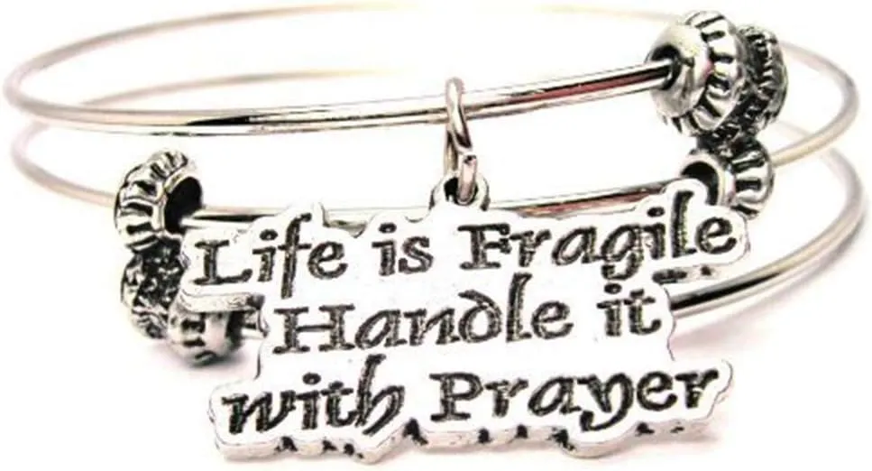 Life is Fragile Handle It with Prayer Expandable Wire Triple Style Bangle Bracelet, 2.5"