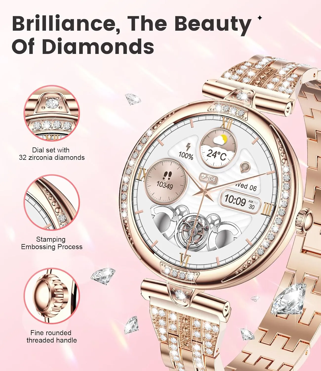LIGE Smart Watches for Women (Answer/Make Call) with Diamonds1.19 AMOLED Smartwatch with Heart Rate/Sleep Monitor,IP68 Waterproof Fitness Tracker 111 Sport Modes Pedometer for Android iOS,Rose Gold