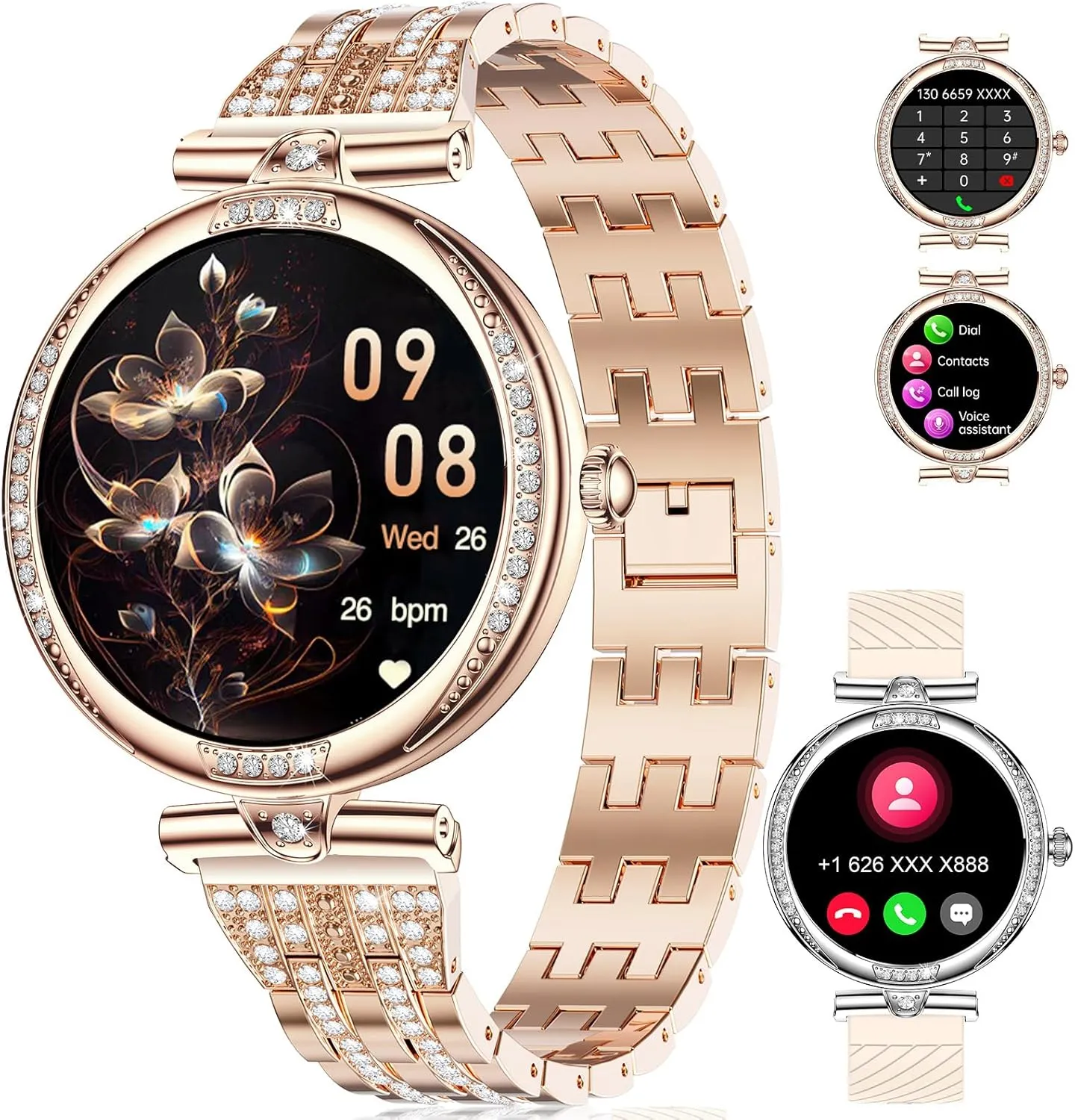 LIGE Smart Watches for Women (Answer/Make Call) with Diamonds1.19 AMOLED Smartwatch with Heart Rate/Sleep Monitor,IP68 Waterproof Fitness Tracker 111 Sport Modes Pedometer for Android iOS,Rose Gold
