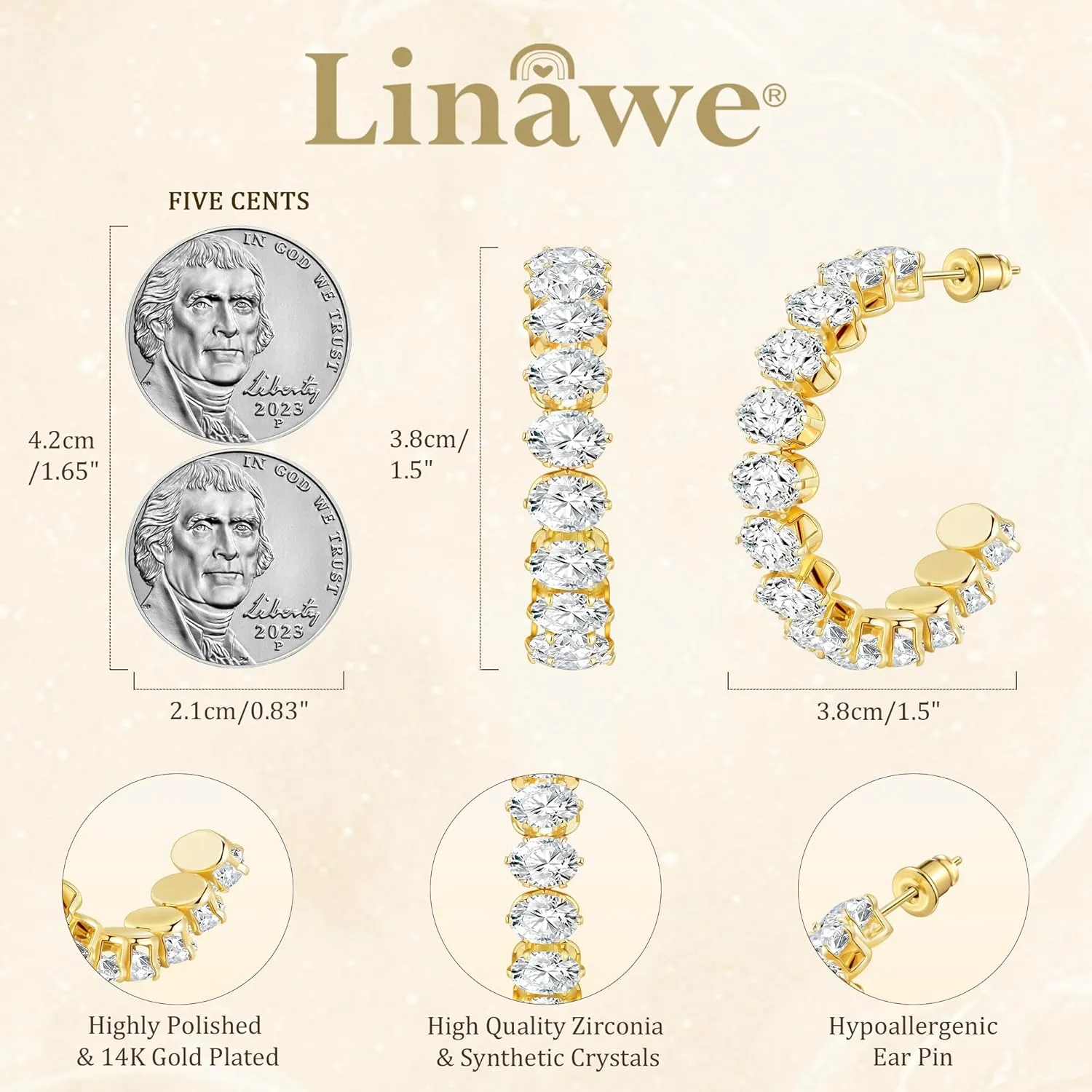 Linawe Hypoallergenic Stainless Steel Chunky Hoop Earrings for Women, Gold/Silver Tones, Birthstone Rhinestone Imitation Diamond Crystal Cubic Zirconia Large Half Hoop Earrings