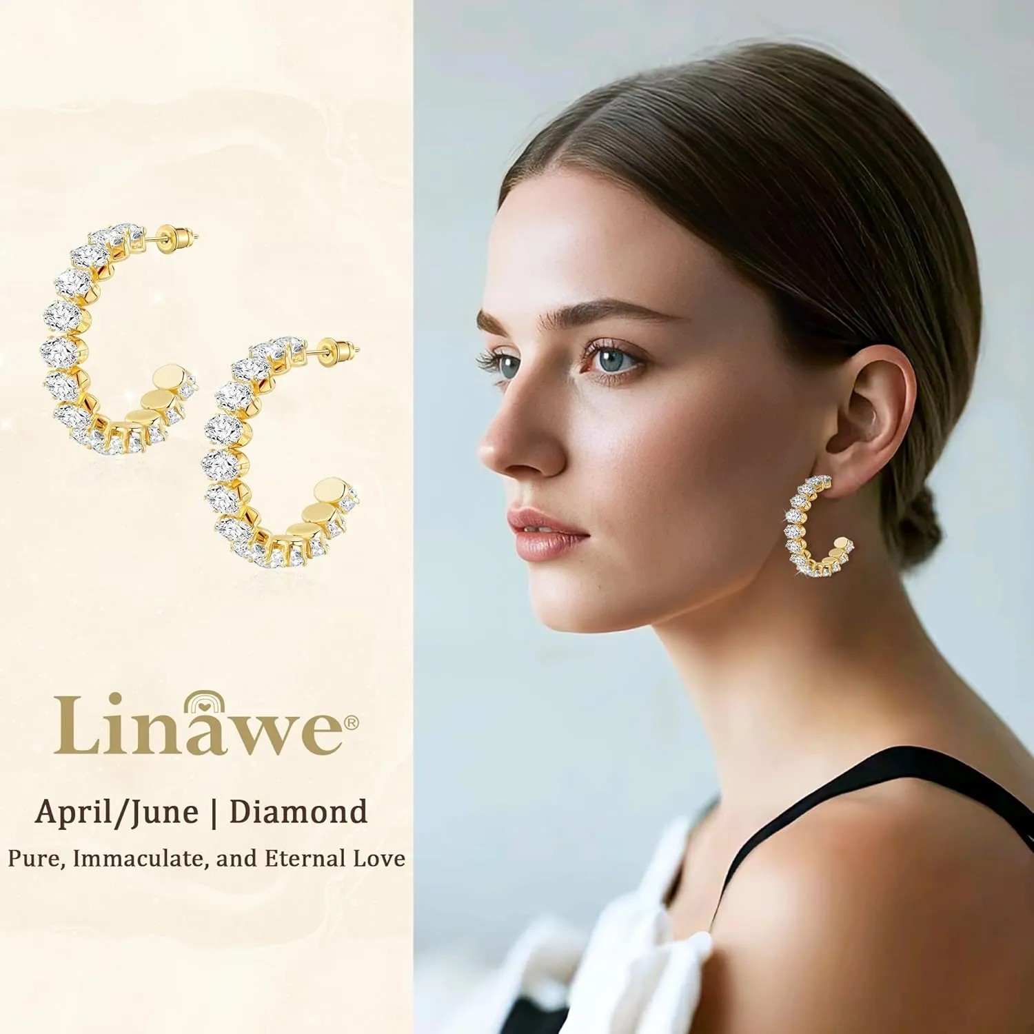Linawe Hypoallergenic Stainless Steel Chunky Hoop Earrings for Women, Gold/Silver Tones, Birthstone Rhinestone Imitation Diamond Crystal Cubic Zirconia Large Half Hoop Earrings