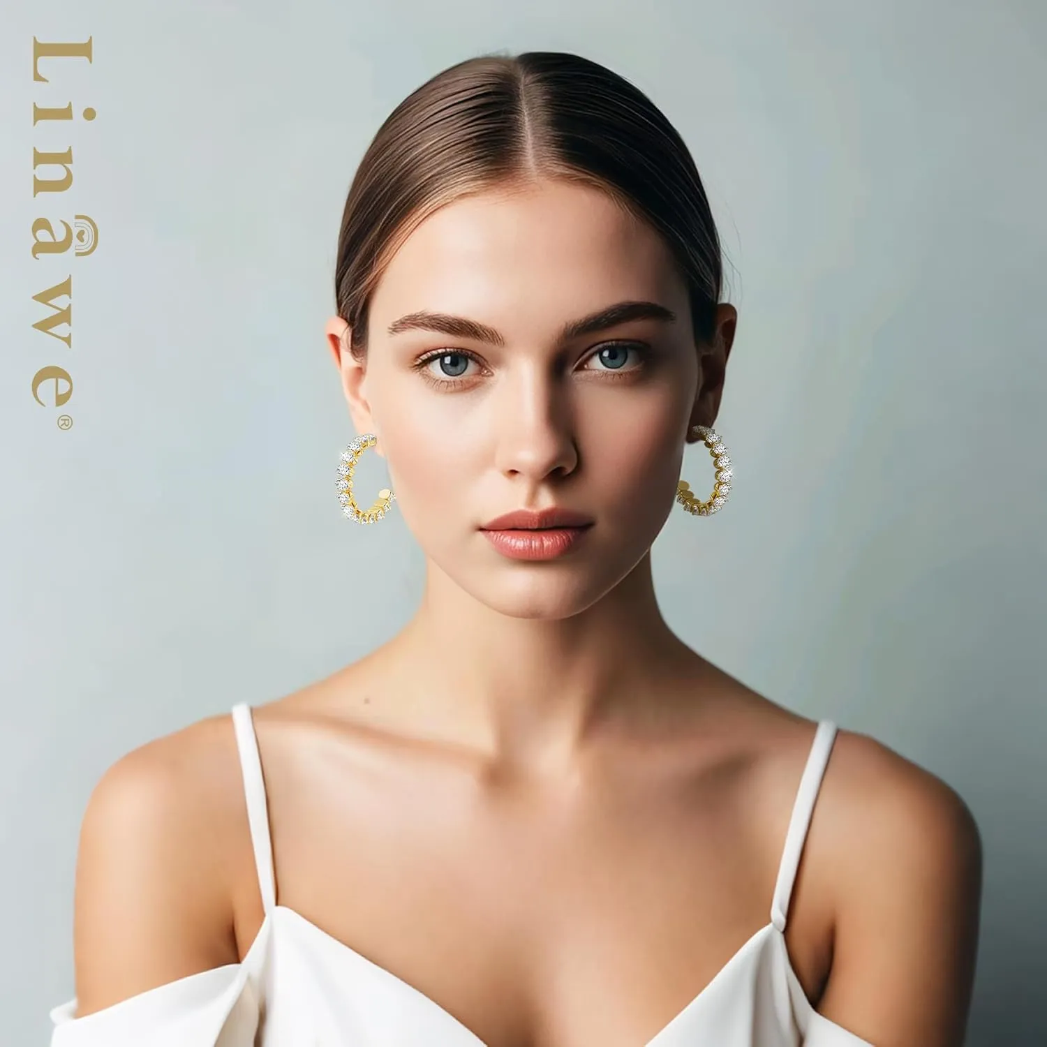 Linawe Hypoallergenic Stainless Steel Chunky Hoop Earrings for Women, Gold/Silver Tones, Birthstone Rhinestone Imitation Diamond Crystal Cubic Zirconia Large Half Hoop Earrings