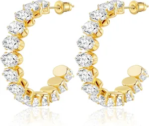 Linawe Hypoallergenic Stainless Steel Chunky Hoop Earrings for Women, Gold/Silver Tones, Birthstone Rhinestone Imitation Diamond Crystal Cubic Zirconia Large Half Hoop Earrings