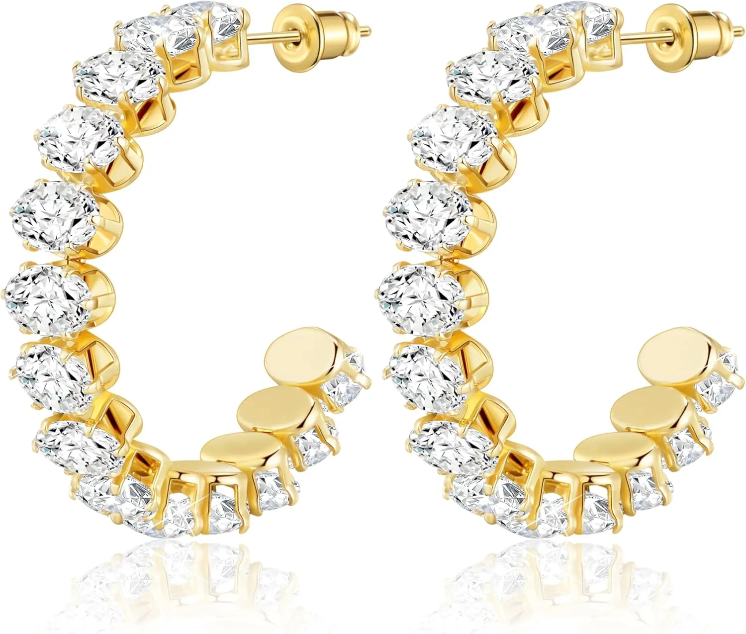 Linawe Hypoallergenic Stainless Steel Chunky Hoop Earrings for Women, Gold/Silver Tones, Birthstone Rhinestone Imitation Diamond Crystal Cubic Zirconia Large Half Hoop Earrings