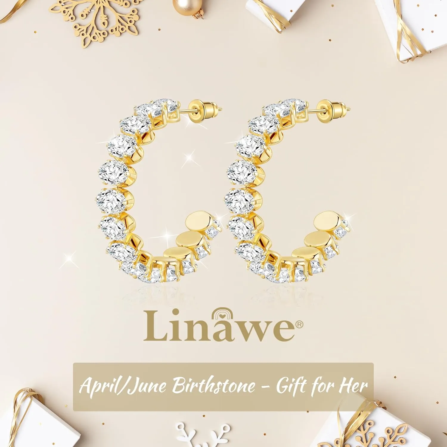 Linawe Hypoallergenic Stainless Steel Chunky Hoop Earrings for Women, Gold/Silver Tones, Birthstone Rhinestone Imitation Diamond Crystal Cubic Zirconia Large Half Hoop Earrings