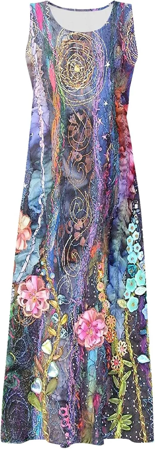 Linen Dress for Women Spring Sleeveless Color Stripe Print Casual Baggy Flowy Maxi Dresses Sundress with Pockets