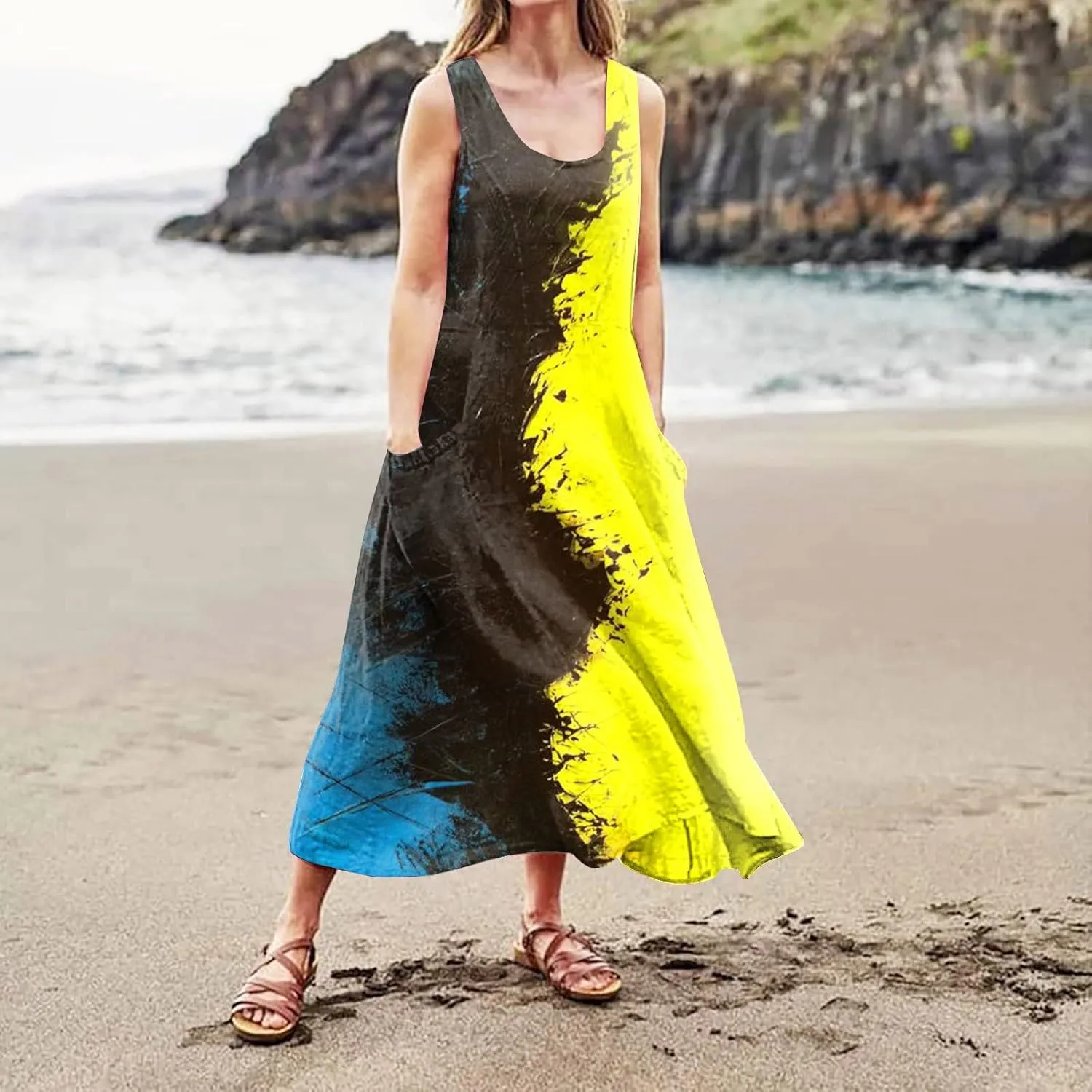 Linen Dress for Women Spring Sleeveless Color Stripe Print Casual Baggy Flowy Maxi Dresses Sundress with Pockets