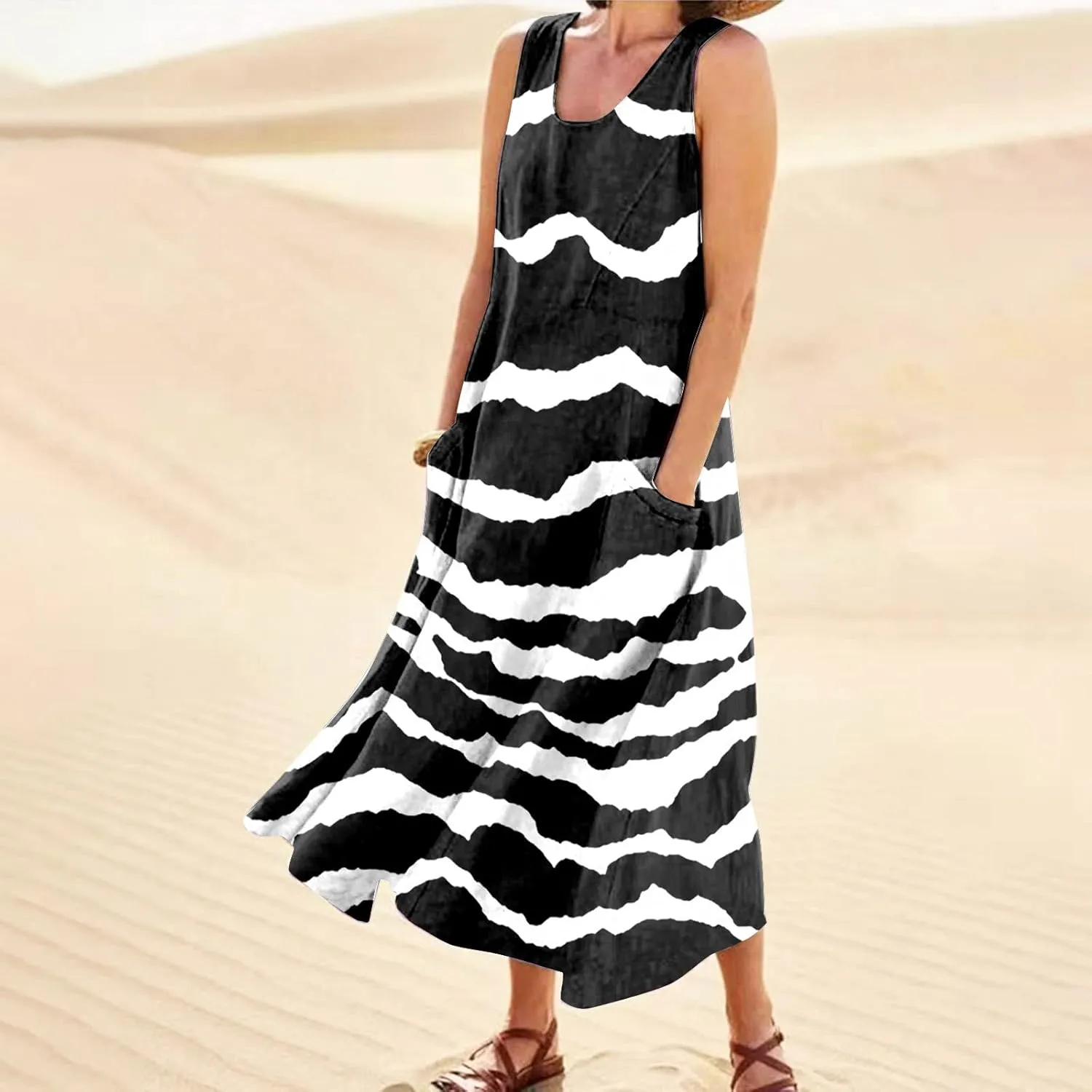 Linen Dress for Women Spring Sleeveless Color Stripe Print Casual Baggy Flowy Maxi Dresses Sundress with Pockets