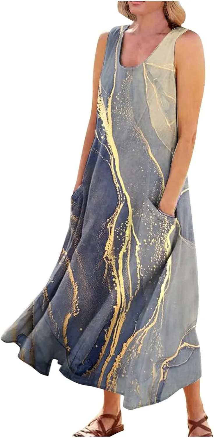 Linen Dress for Women Spring Sleeveless Color Stripe Print Casual Baggy Flowy Maxi Dresses Sundress with Pockets