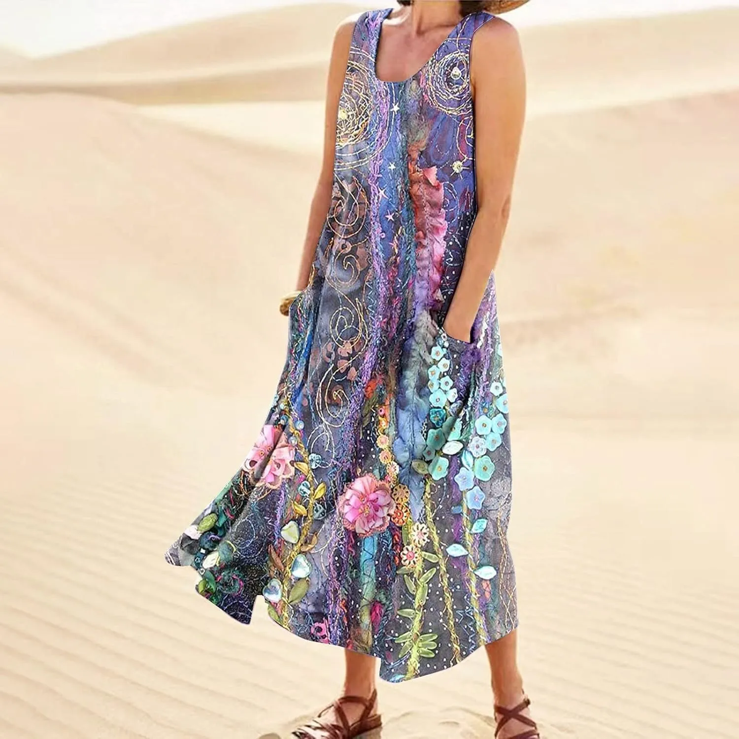 Linen Dress for Women Spring Sleeveless Color Stripe Print Casual Baggy Flowy Maxi Dresses Sundress with Pockets