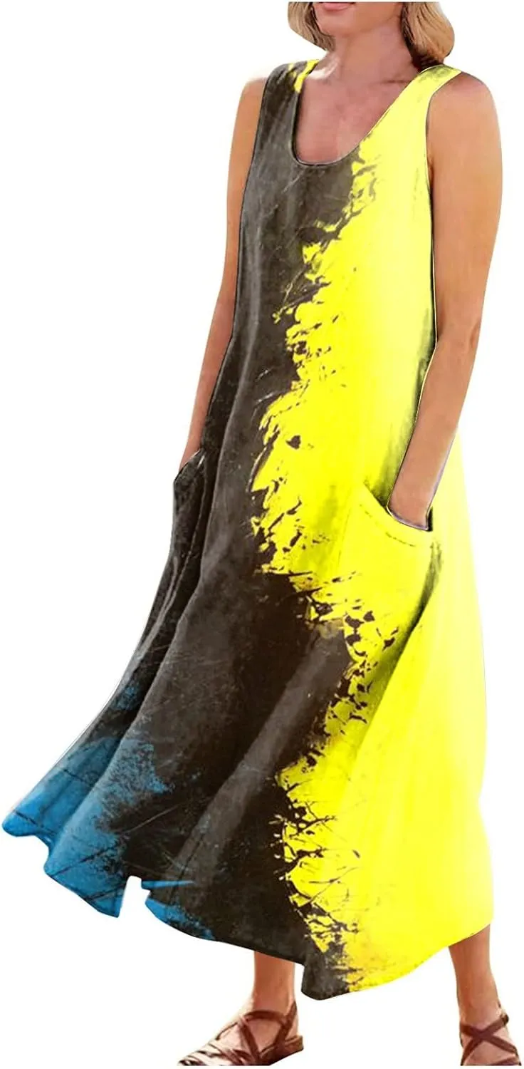 Linen Dress for Women Spring Sleeveless Color Stripe Print Casual Baggy Flowy Maxi Dresses Sundress with Pockets