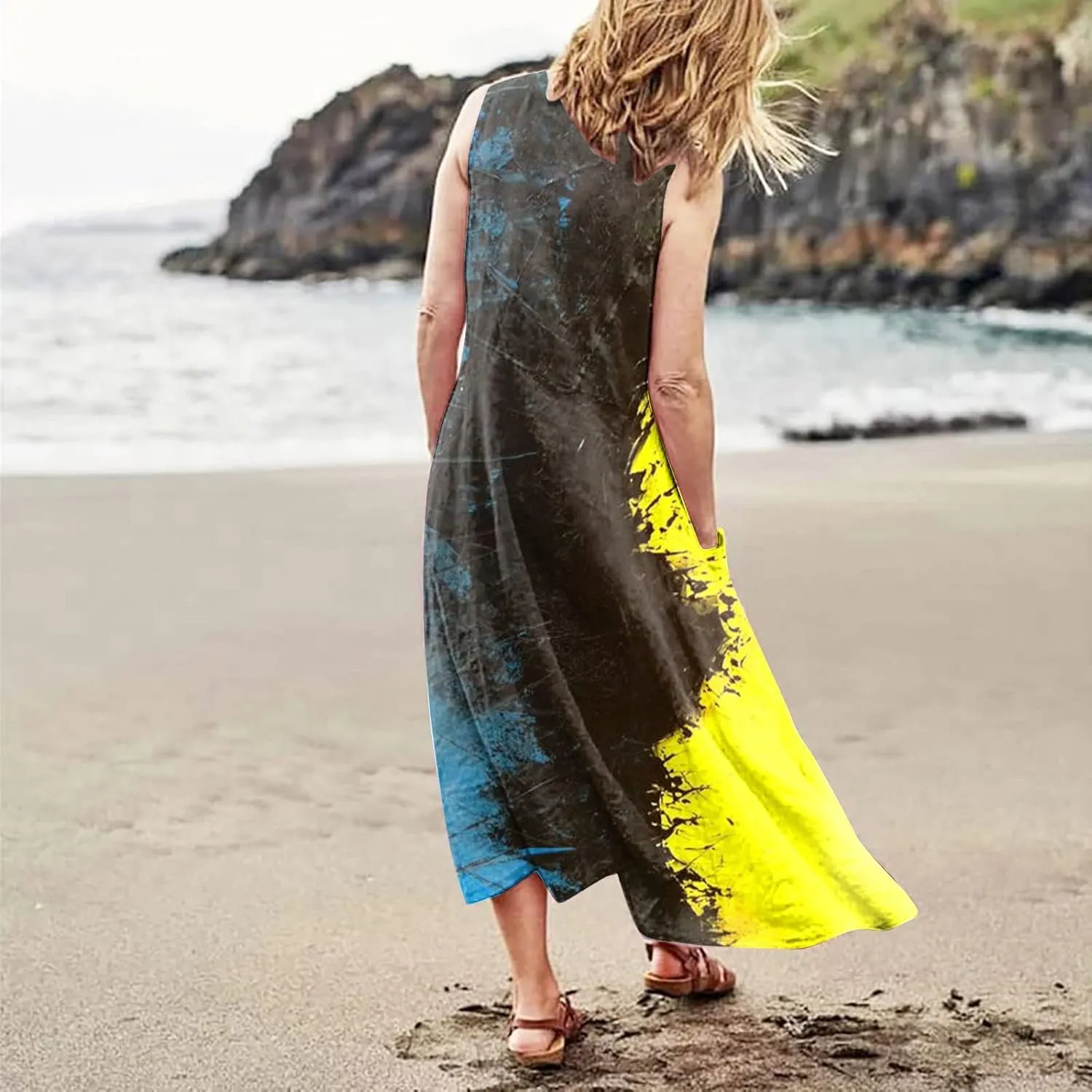 Linen Dress for Women Spring Sleeveless Color Stripe Print Casual Baggy Flowy Maxi Dresses Sundress with Pockets