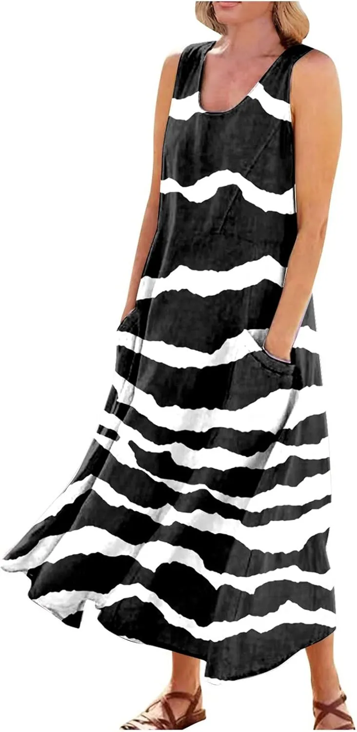 Linen Dress for Women Spring Sleeveless Color Stripe Print Casual Baggy Flowy Maxi Dresses Sundress with Pockets