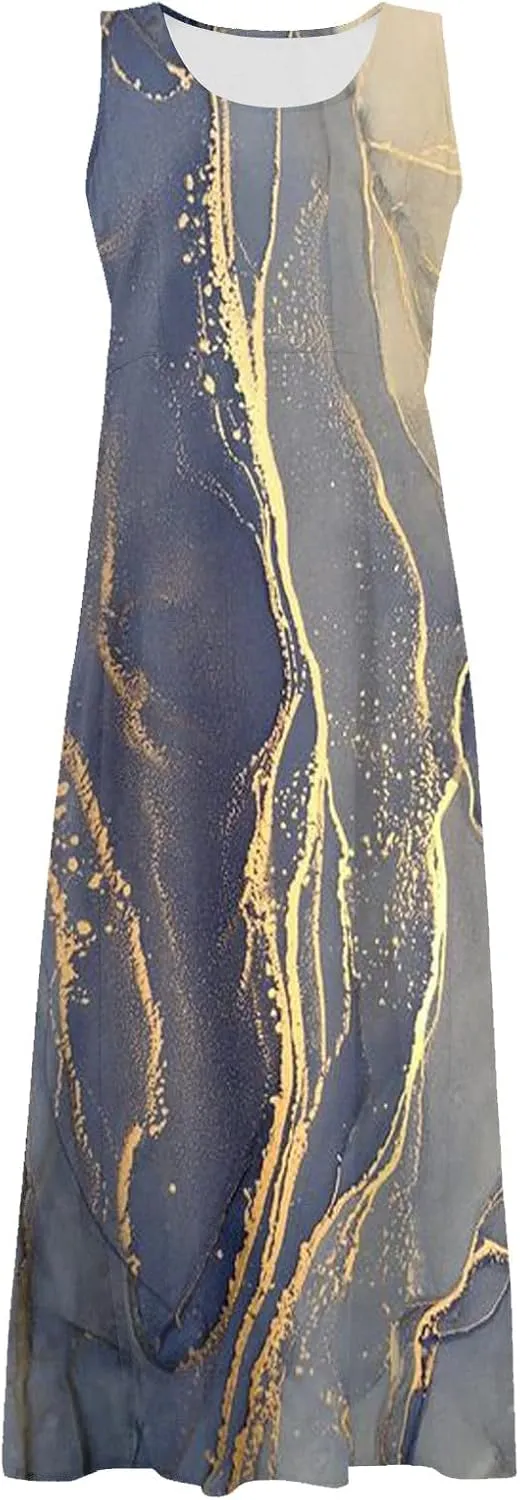 Linen Dress for Women Spring Sleeveless Color Stripe Print Casual Baggy Flowy Maxi Dresses Sundress with Pockets