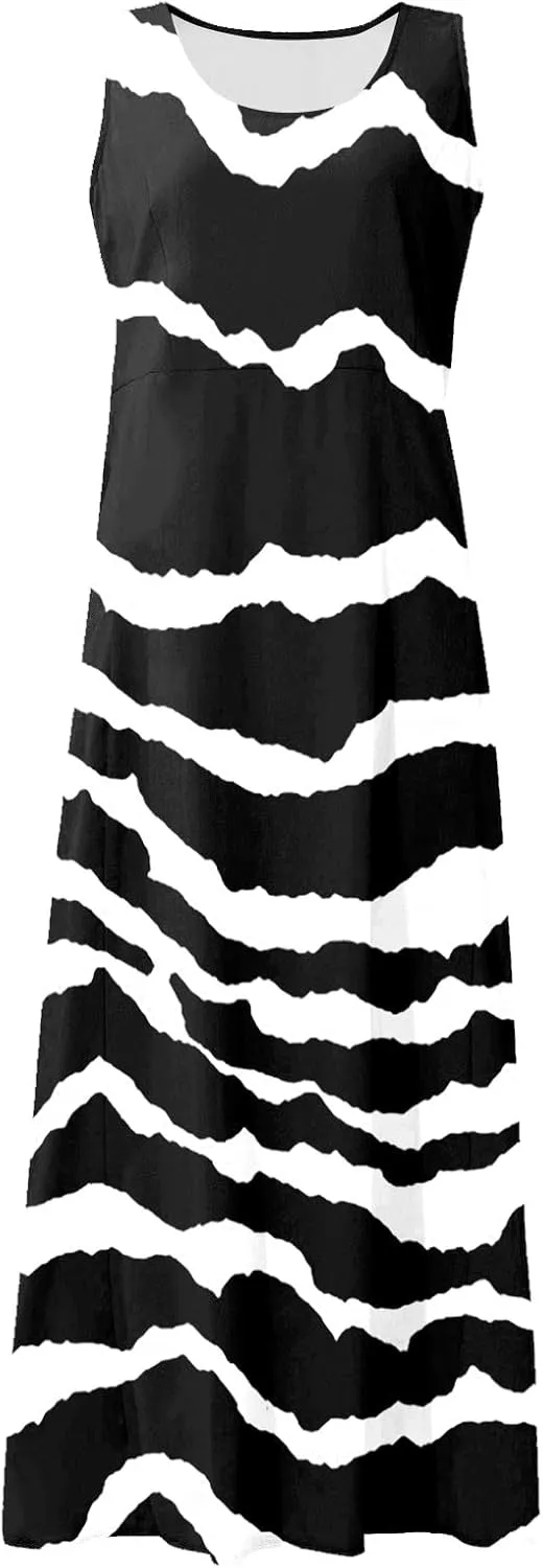 Linen Dress for Women Spring Sleeveless Color Stripe Print Casual Baggy Flowy Maxi Dresses Sundress with Pockets