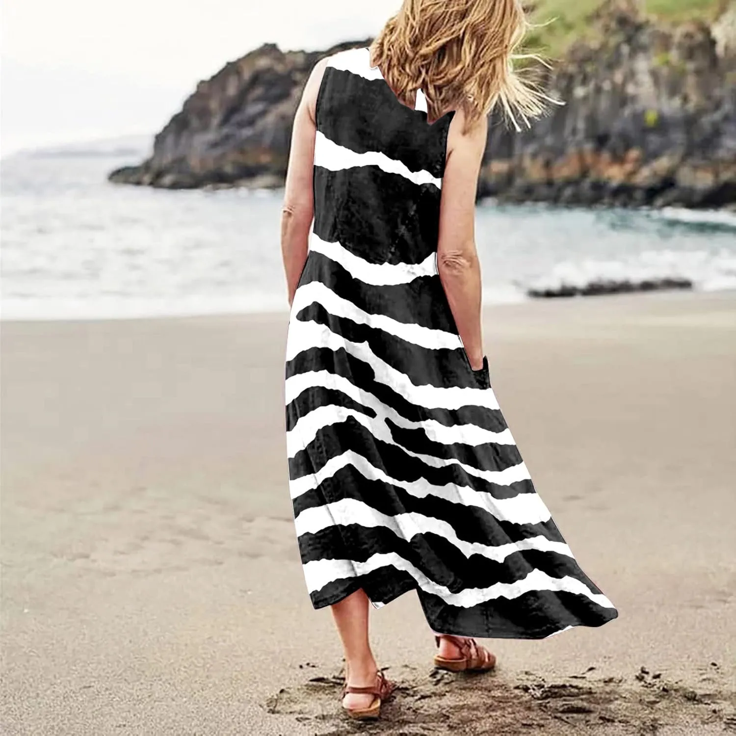Linen Dress for Women Spring Sleeveless Color Stripe Print Casual Baggy Flowy Maxi Dresses Sundress with Pockets