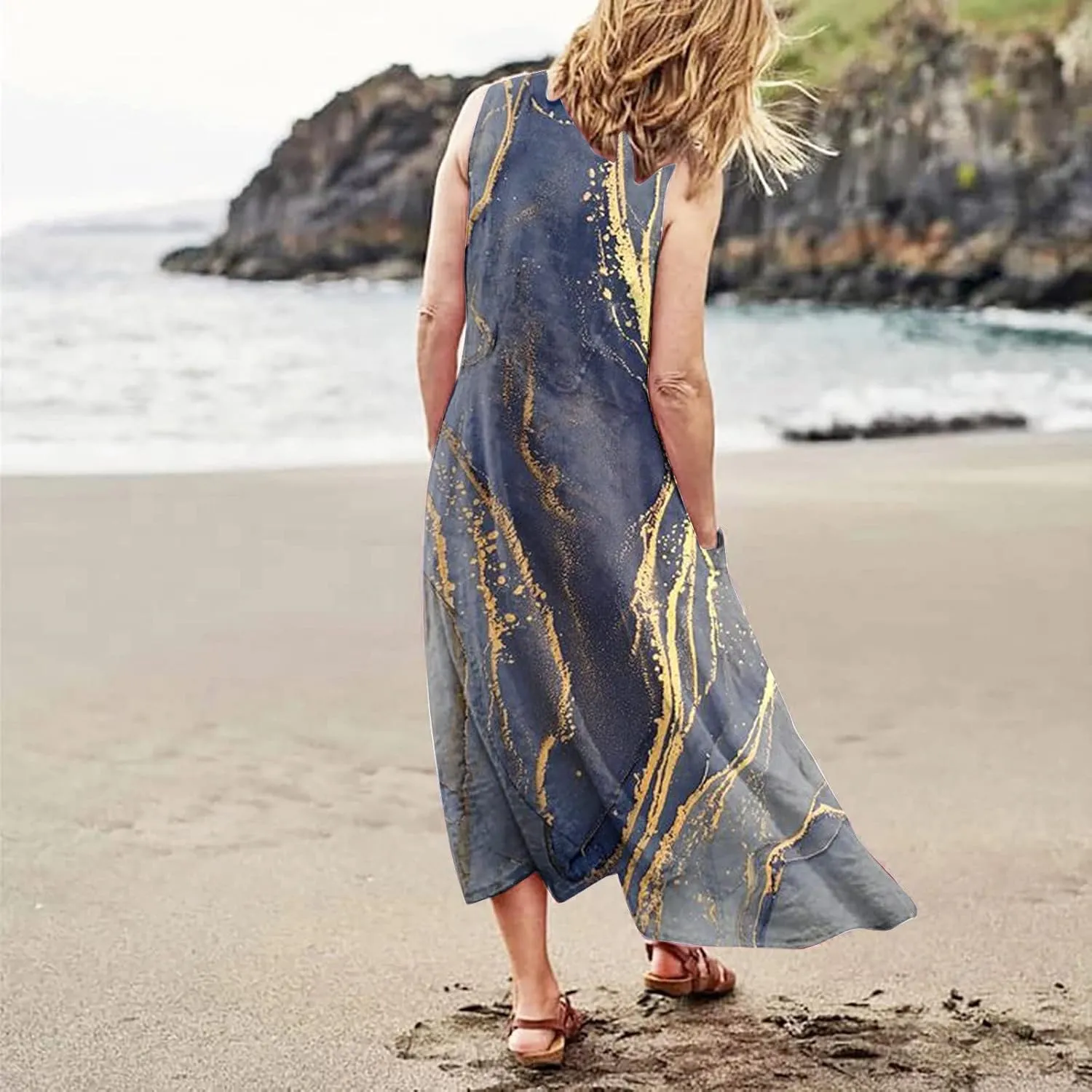 Linen Dress for Women Spring Sleeveless Color Stripe Print Casual Baggy Flowy Maxi Dresses Sundress with Pockets
