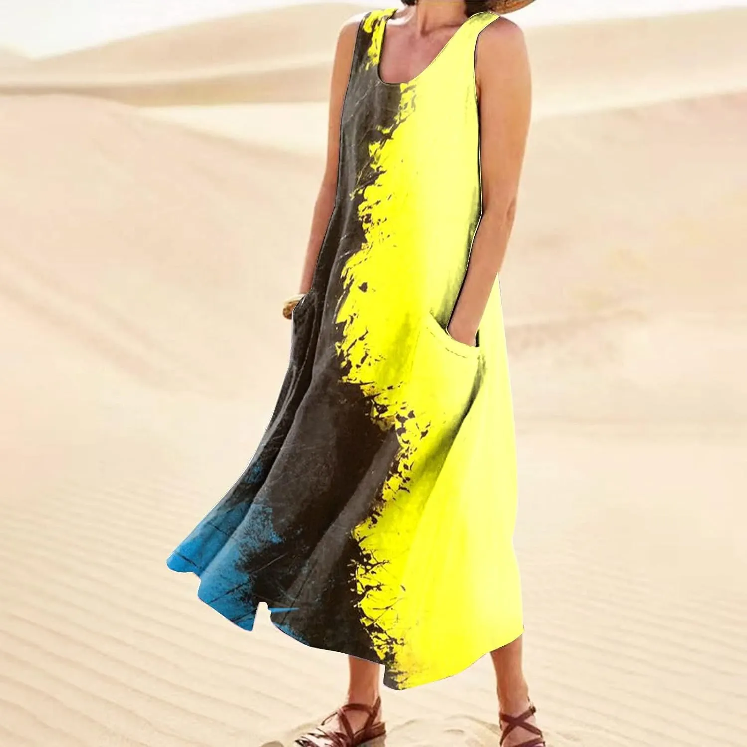 Linen Dress for Women Spring Sleeveless Color Stripe Print Casual Baggy Flowy Maxi Dresses Sundress with Pockets