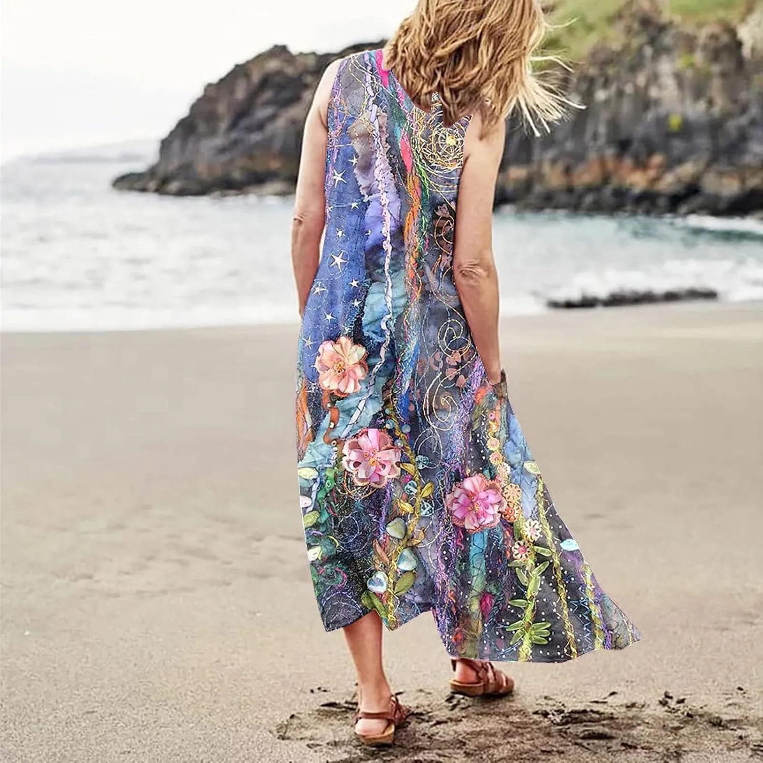 Linen Dress for Women Spring Sleeveless Color Stripe Print Casual Baggy Flowy Maxi Dresses Sundress with Pockets