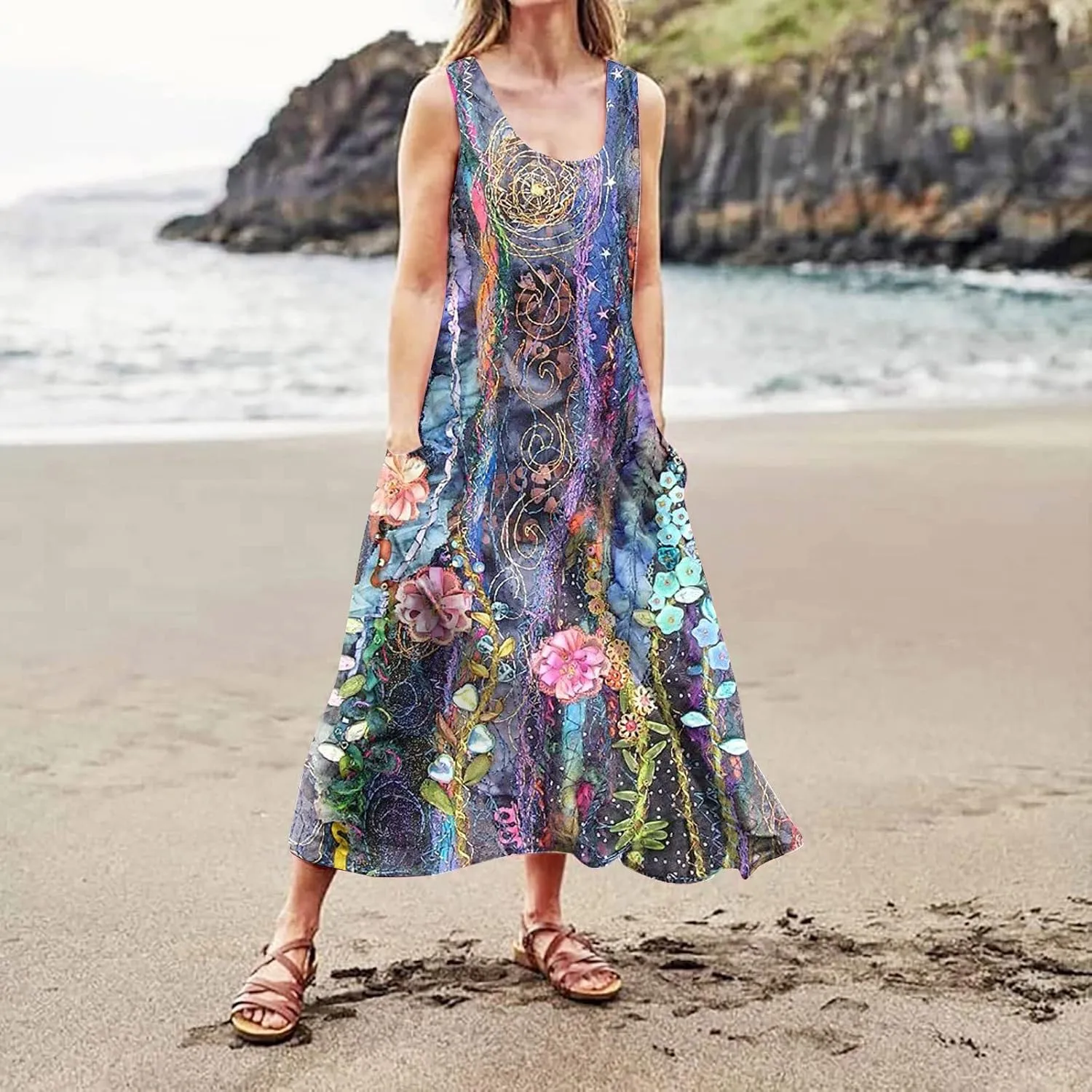 Linen Dress for Women Spring Sleeveless Color Stripe Print Casual Baggy Flowy Maxi Dresses Sundress with Pockets