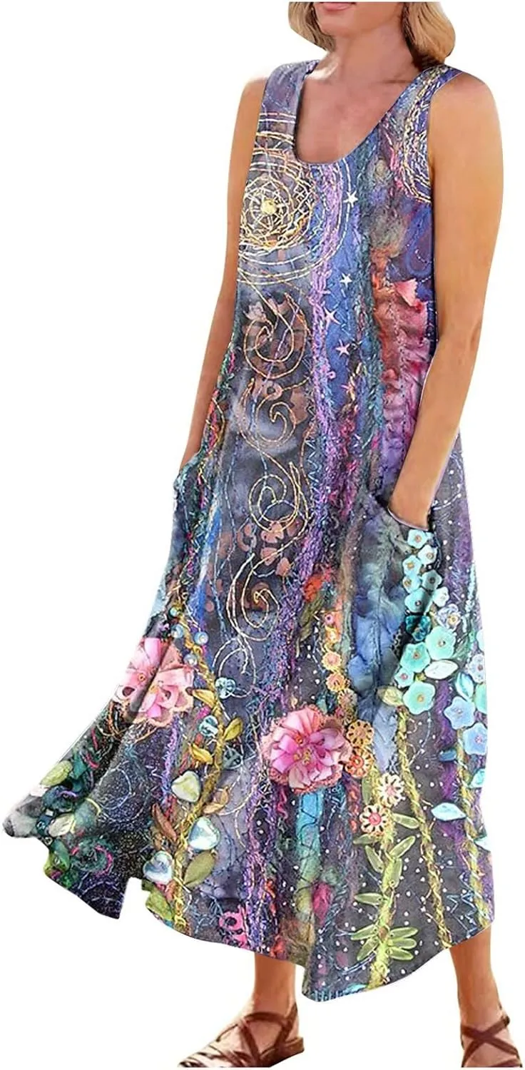 Linen Dress for Women Spring Sleeveless Color Stripe Print Casual Baggy Flowy Maxi Dresses Sundress with Pockets