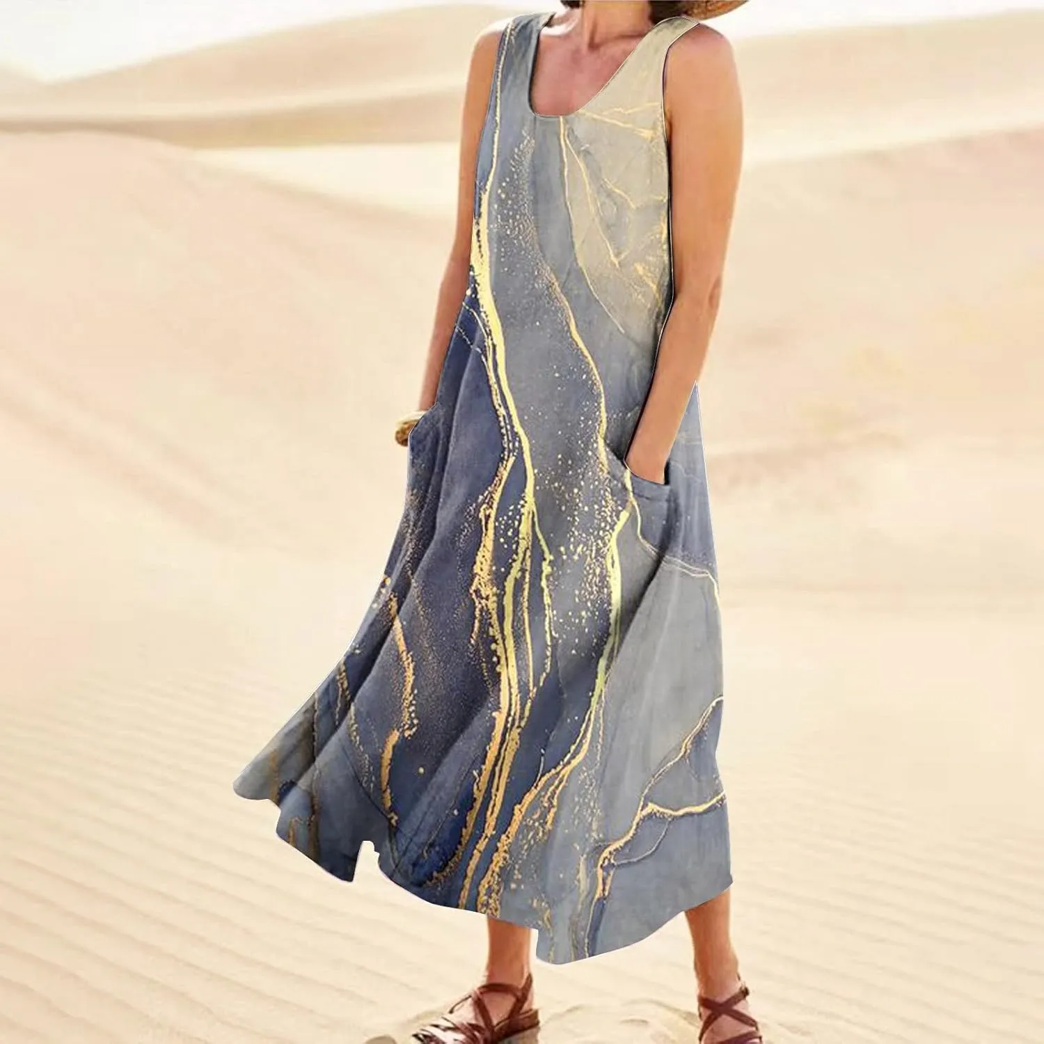 Linen Dress for Women Spring Sleeveless Color Stripe Print Casual Baggy Flowy Maxi Dresses Sundress with Pockets