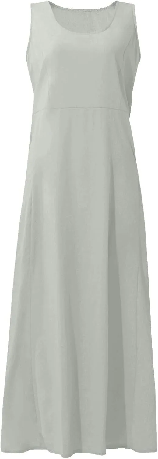 Linen Dress for Women Summer Sleeveless Solid Casual Baggy Flowy Maxi Dresses Plus Size Sundress with Pockets
